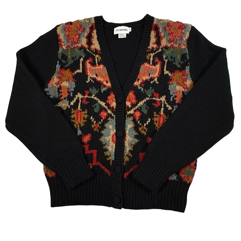 JH Collectibles Vintage 100% Wool Cardigan Sweater Women's S Black Multicolor